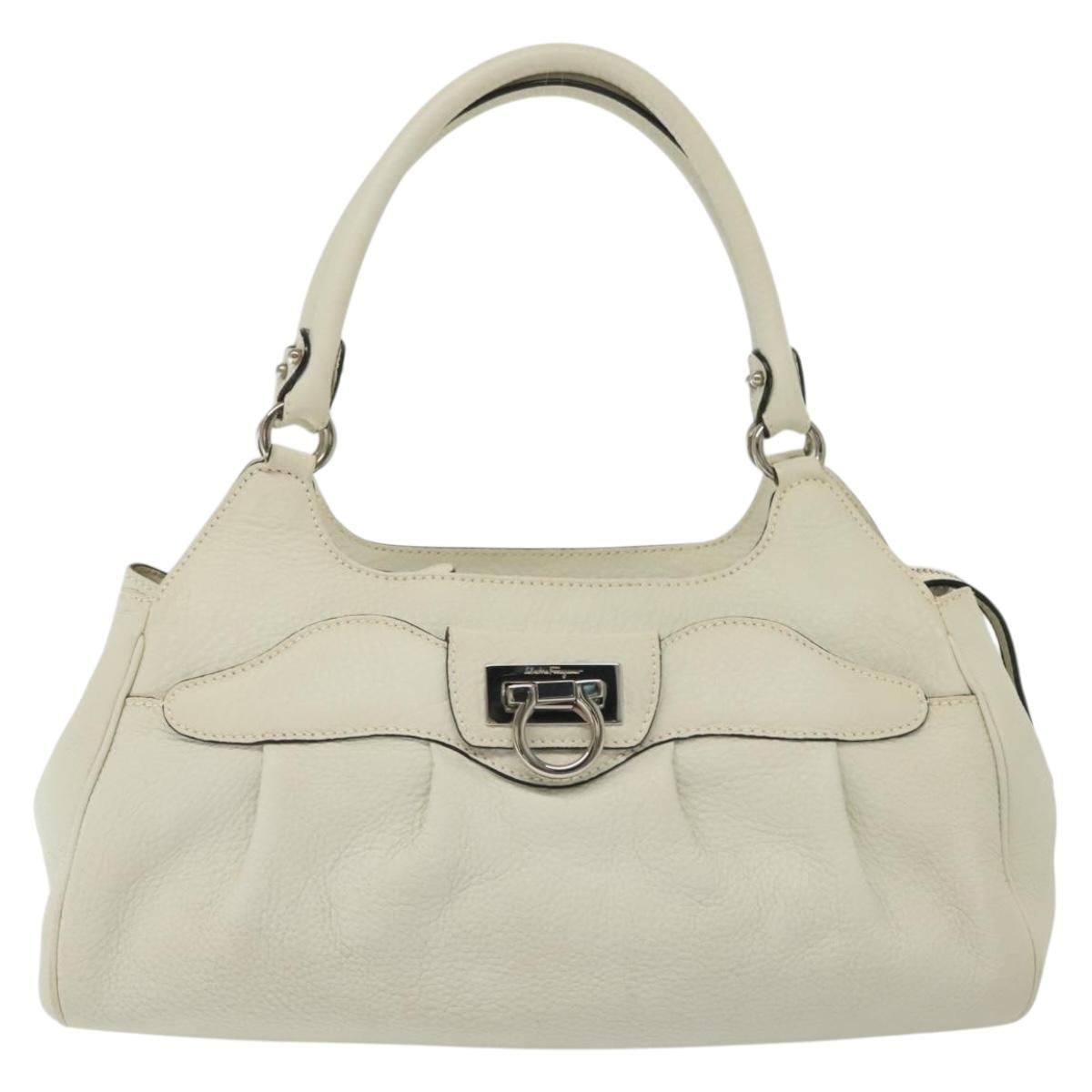 Salvatore Ferragamo Gancini Hand Bag Leather White Silver Auth BA5015