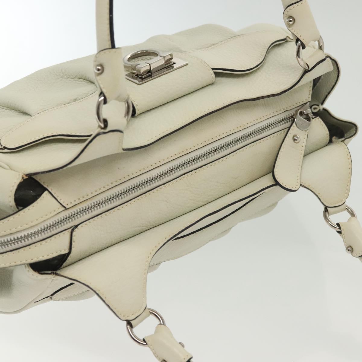 Salvatore Ferragamo Gancini Hand Bag Leather White Silver Auth BA5015