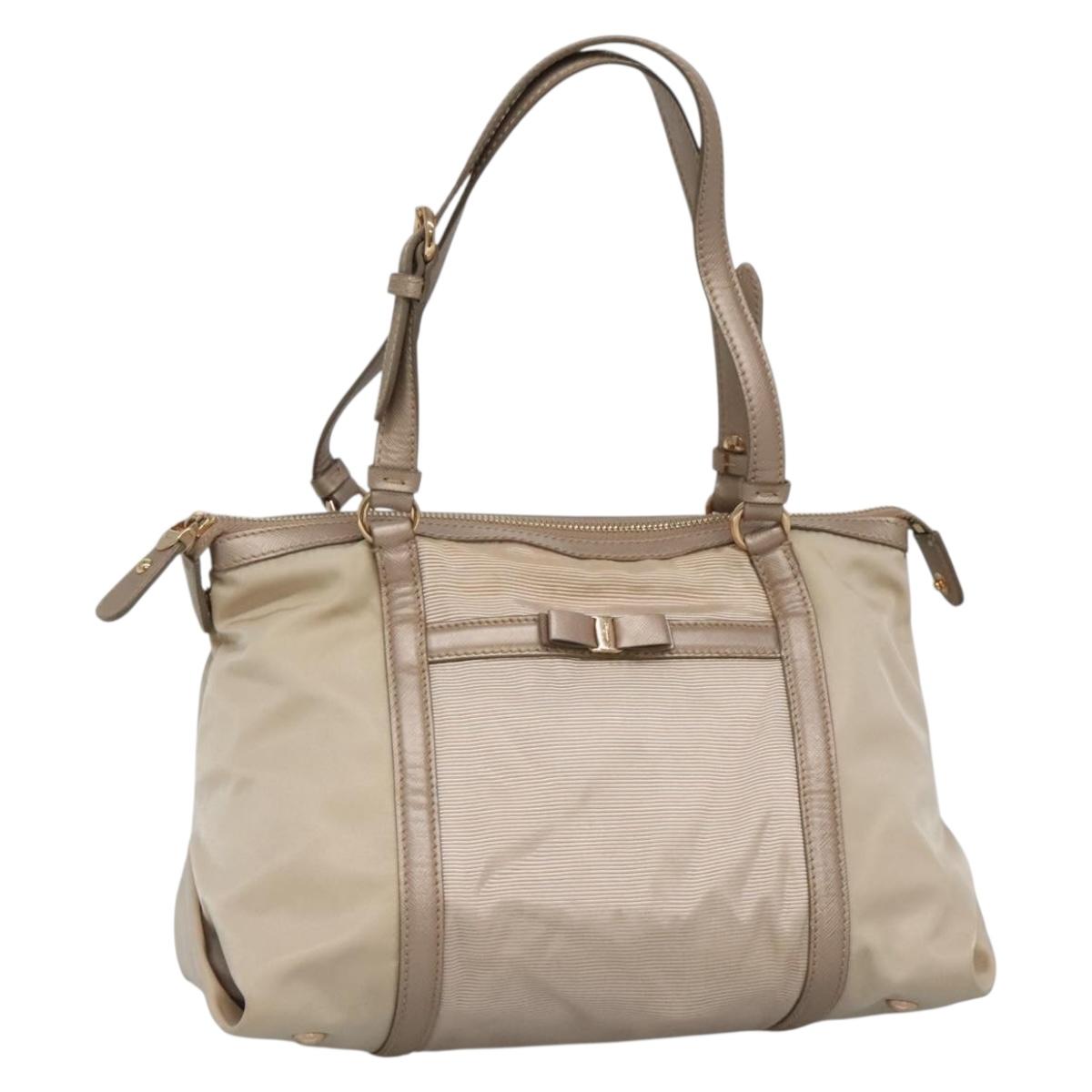 Salvatore Ferragamo Vala Hand Bag Nylon Beige Gold Auth BA5017