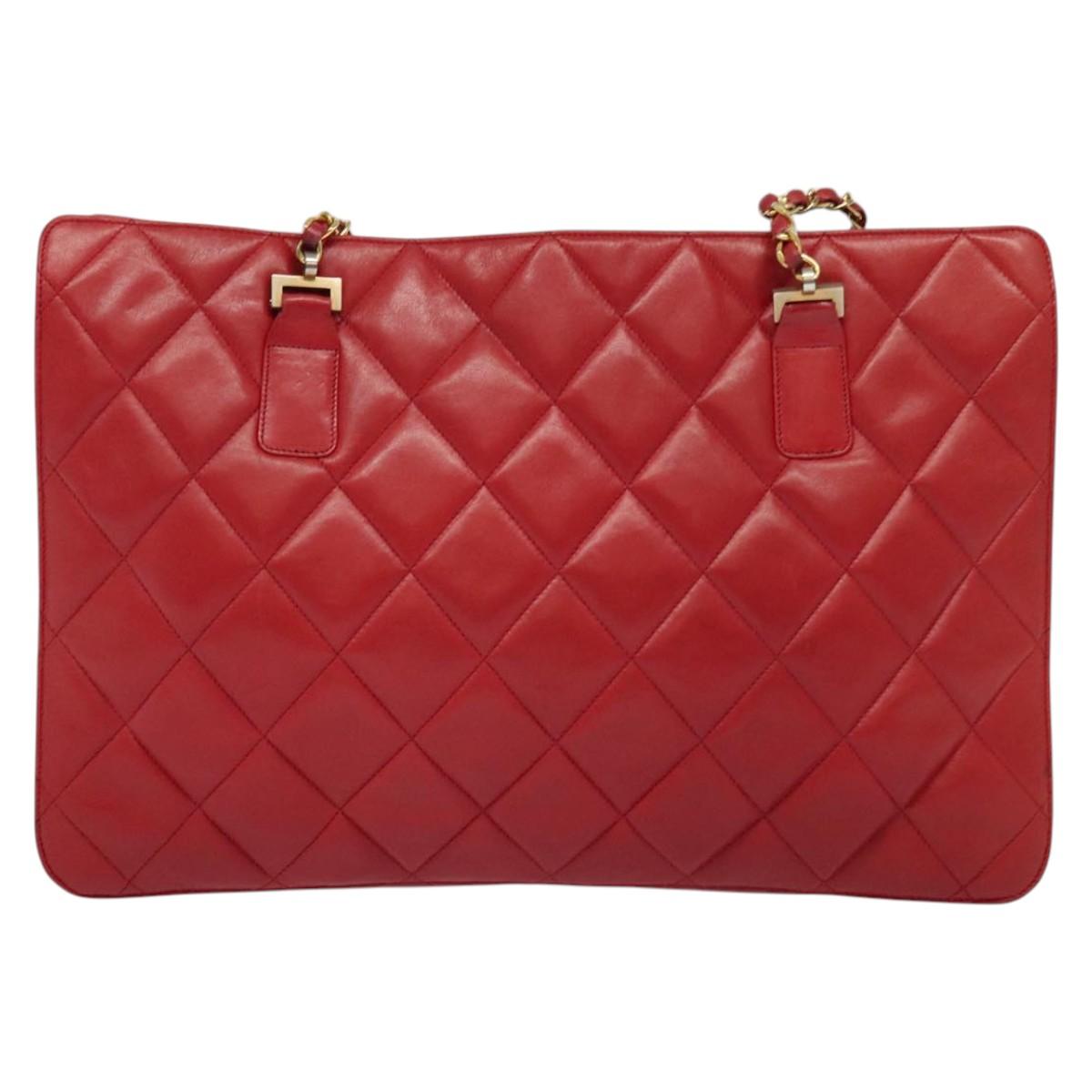 CHANEL Matelasse Chain Shoulder Bag Lamb Skin Red Gold CC Auth BA5019