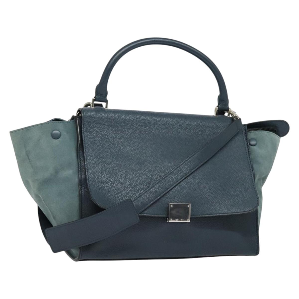 CELINE Trapeze Hand Bag Leather Suede 2way Blue Silver Auth BA5022
