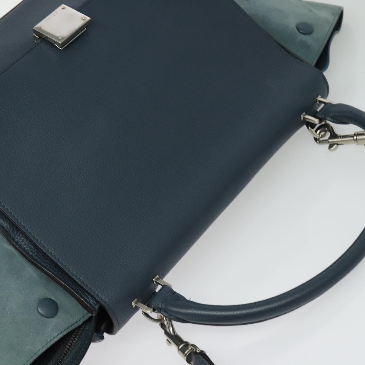 CELINE Trapeze Hand Bag Leather Suede 2way Blue Silver Auth BA5022