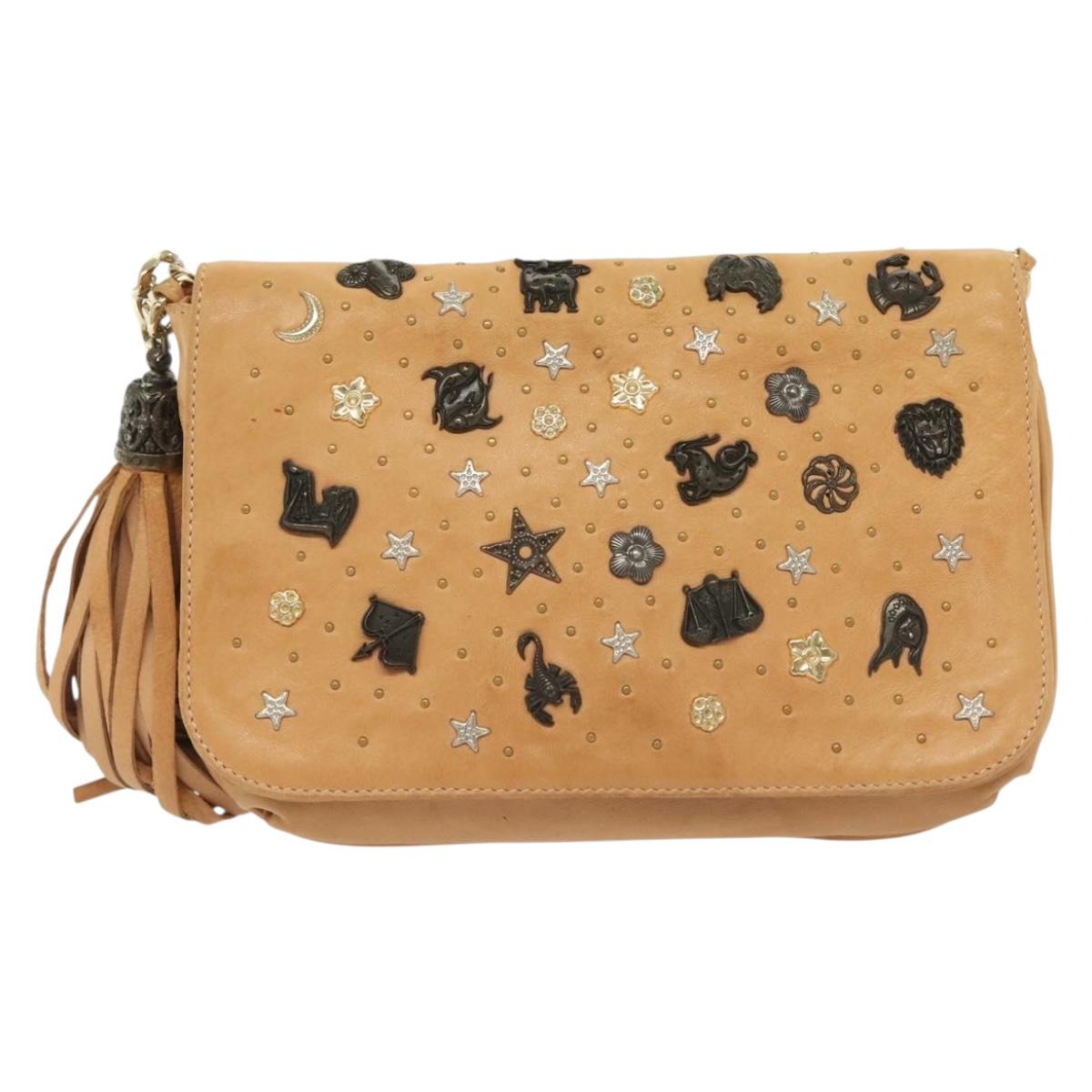 Jimmy Choo Studs Shoulder Bag Leather Beige Gold Auth BA5032