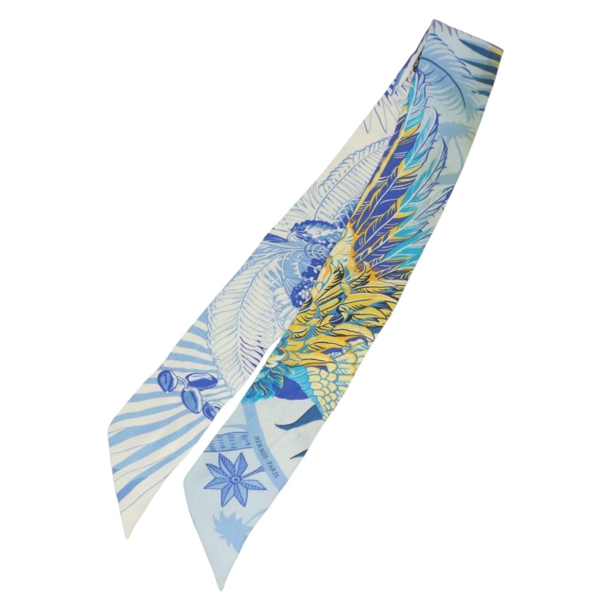 HERMES Twilly Scarf ""Mythiques Phoenix"" Silk Blue Auth BA5050