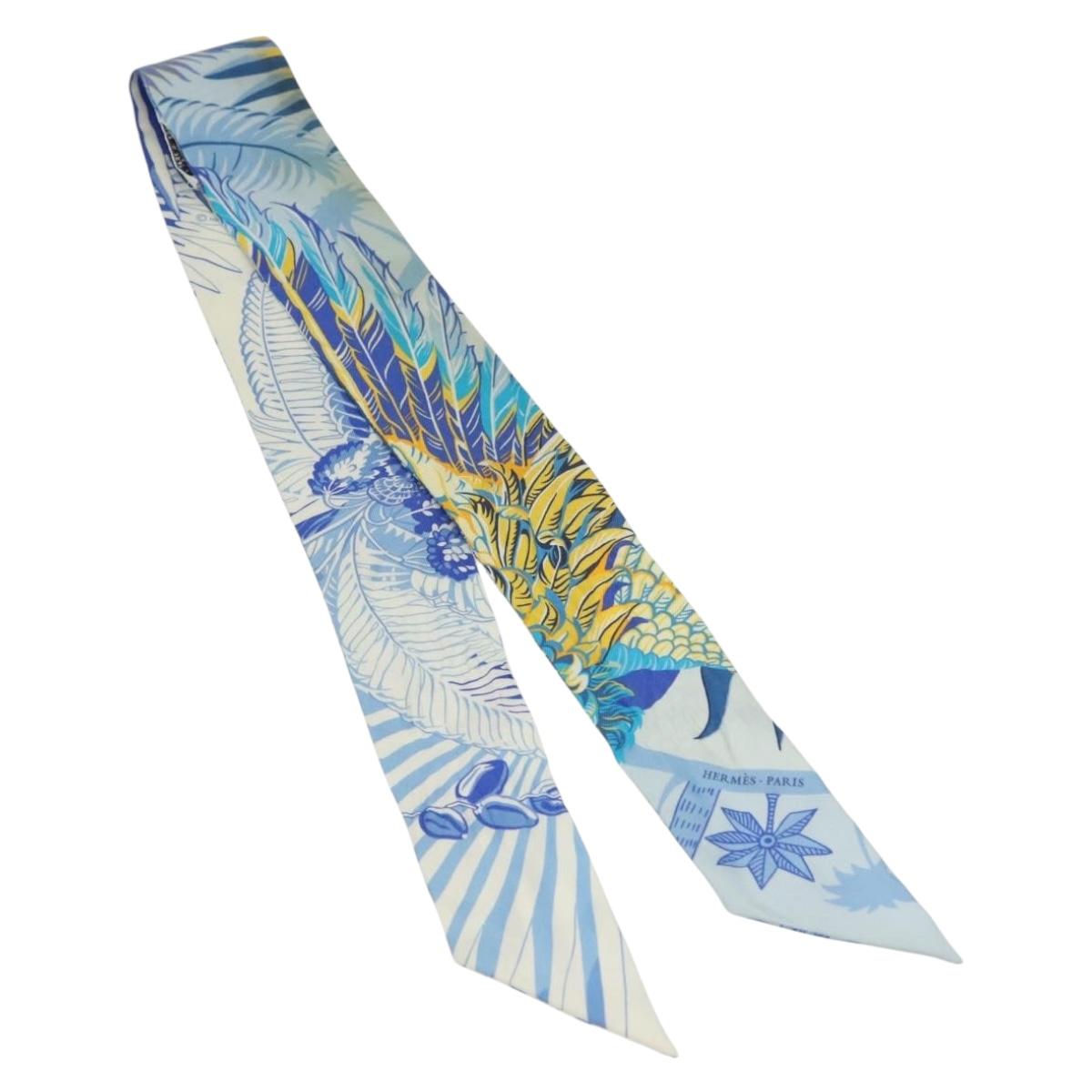 HERMES Twilly Scarf ""Mythiques Phoenix"" Silk Blue Auth BA5050