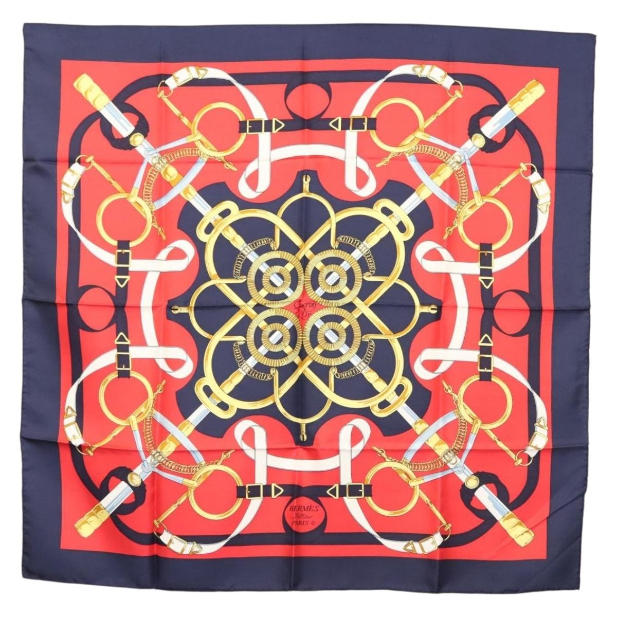 HERMES Carre 90 Scarf ""EPERON D'OR"" Silk Navy Auth BA5055