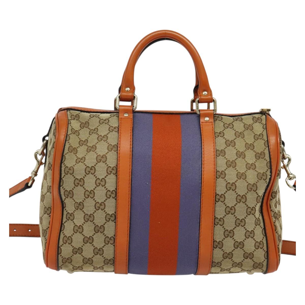 GUCCI GG Supreme Sherry Line Boston Bag 2way Beige Gold 247205 Auth BA5084