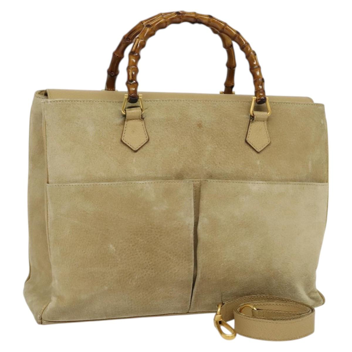 GUCCI Bamboo Hand Bag Suede Leather 2way Beige Gold 002 123 0322 Auth BA512