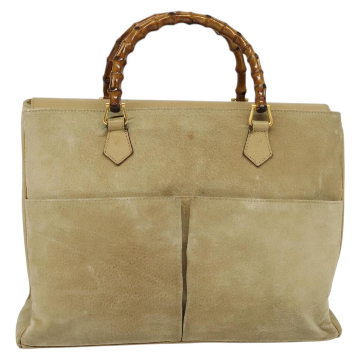 GUCCI Bamboo Hand Bag Suede Leather 2way Beige Gold 002 123 0322 Auth BA512