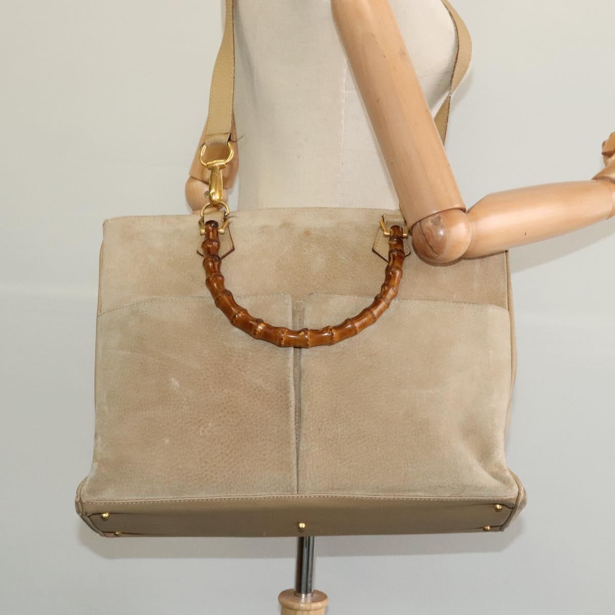 GUCCI Bamboo Hand Bag Suede Leather 2way Beige Gold 002 123 0322 Auth BA512