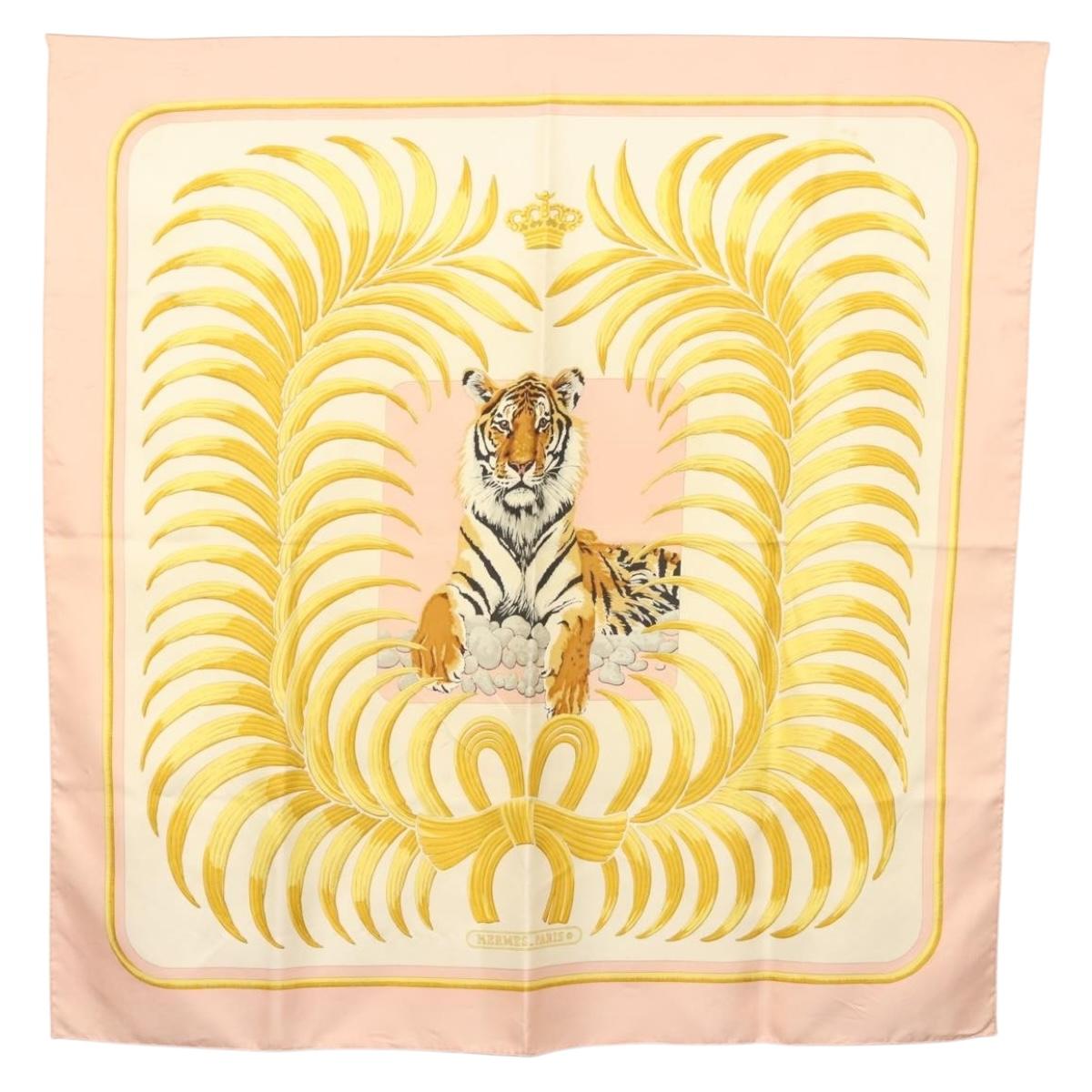 HERMES Carre 90 Scarf ""TIGER ROYAL"" Silk Pink Auth BA5128