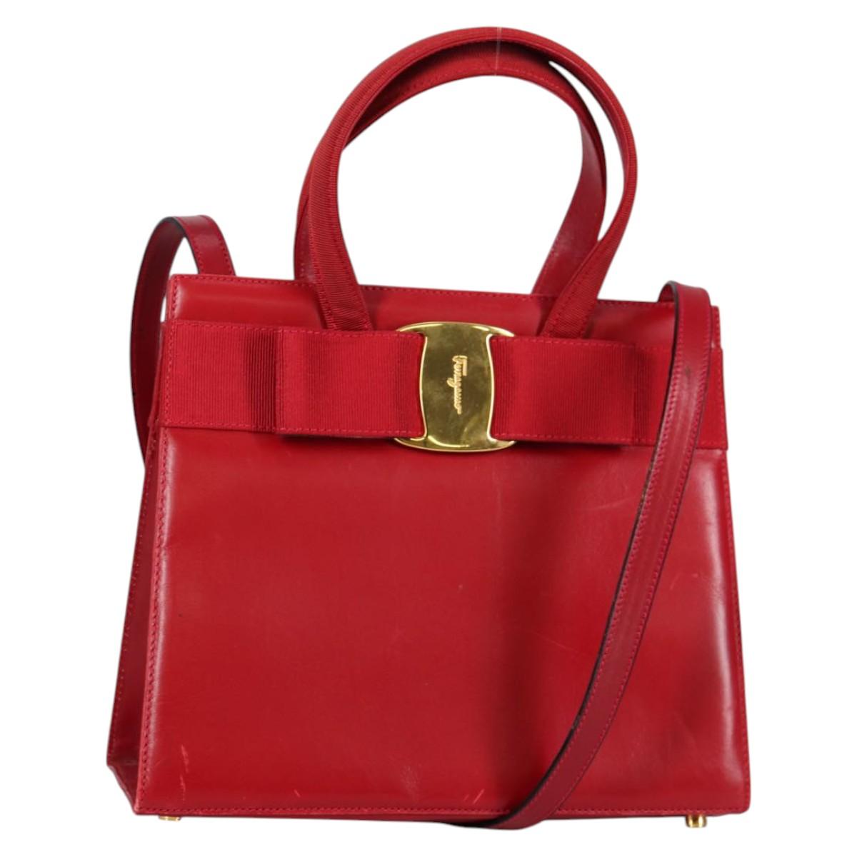Salvatore Ferragamo Vala Hand Bag Leather 2way Red Gold Auth BA5145