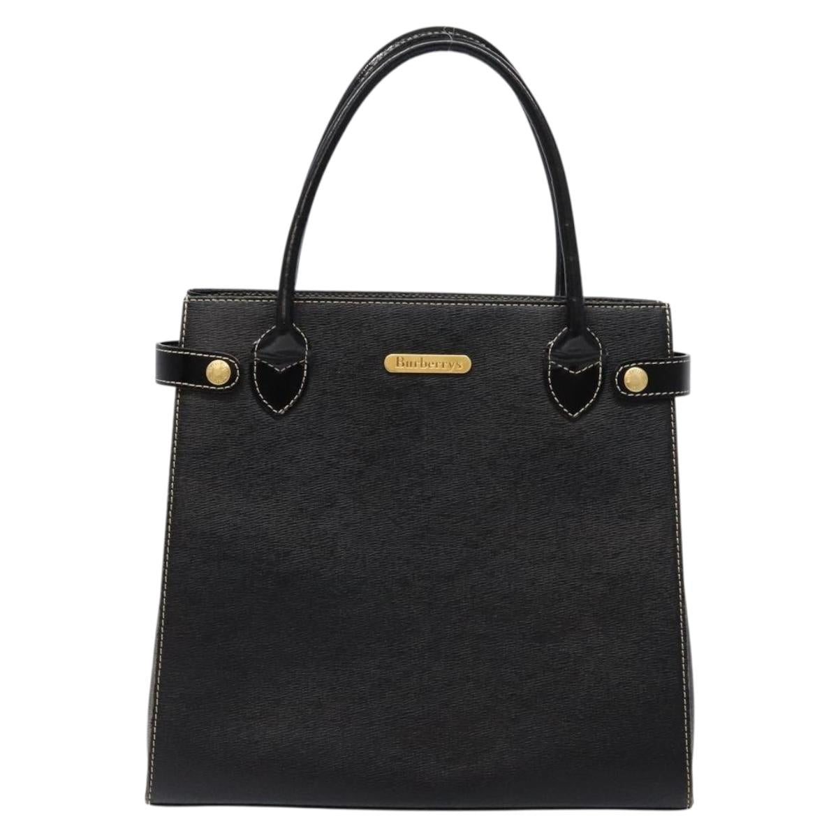 Burberrys Hand Bag Leather Black Gold Auth BA5185