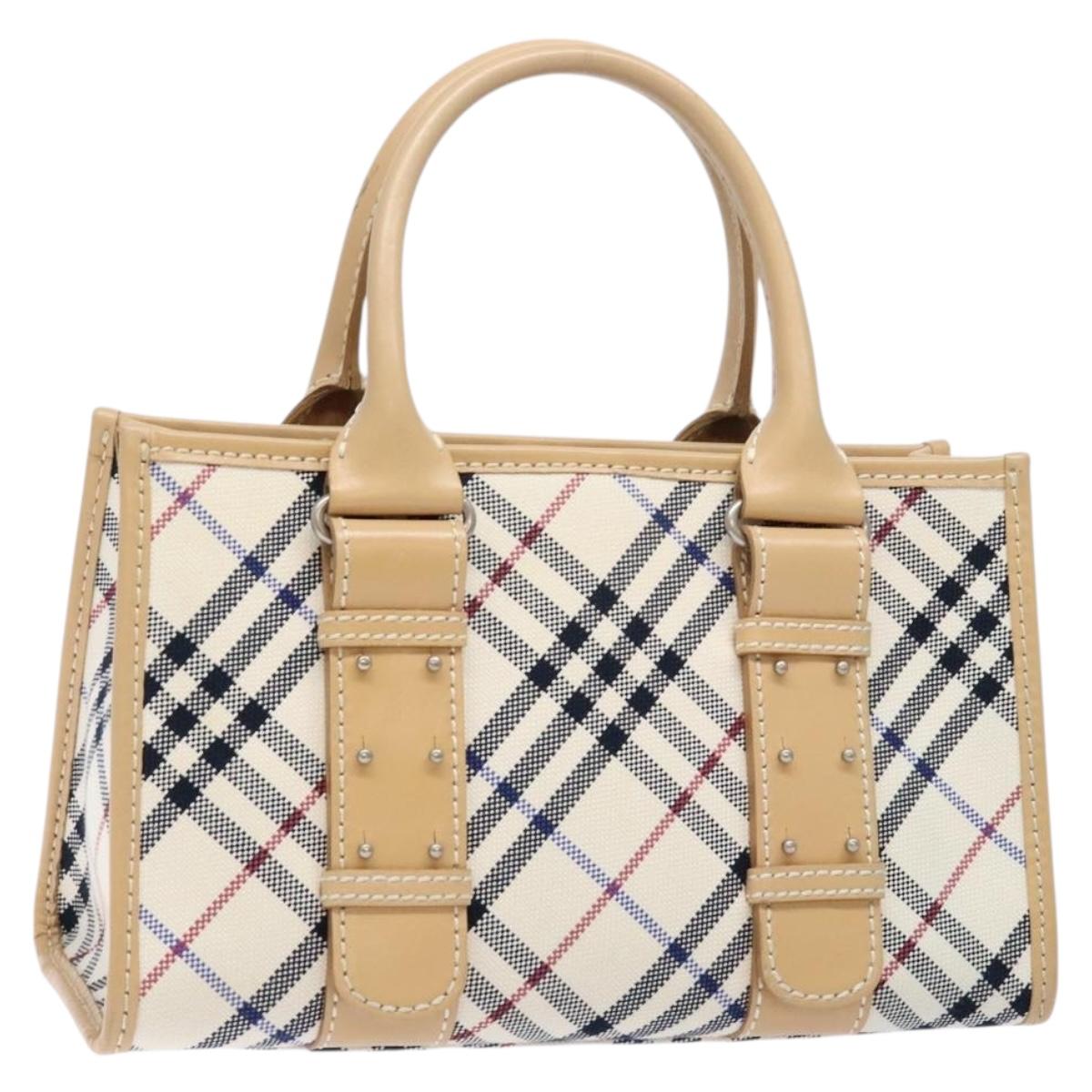 BURBERRY Nova Check Blue Label Hand Bag Canvas Beige Silver Auth BA5204