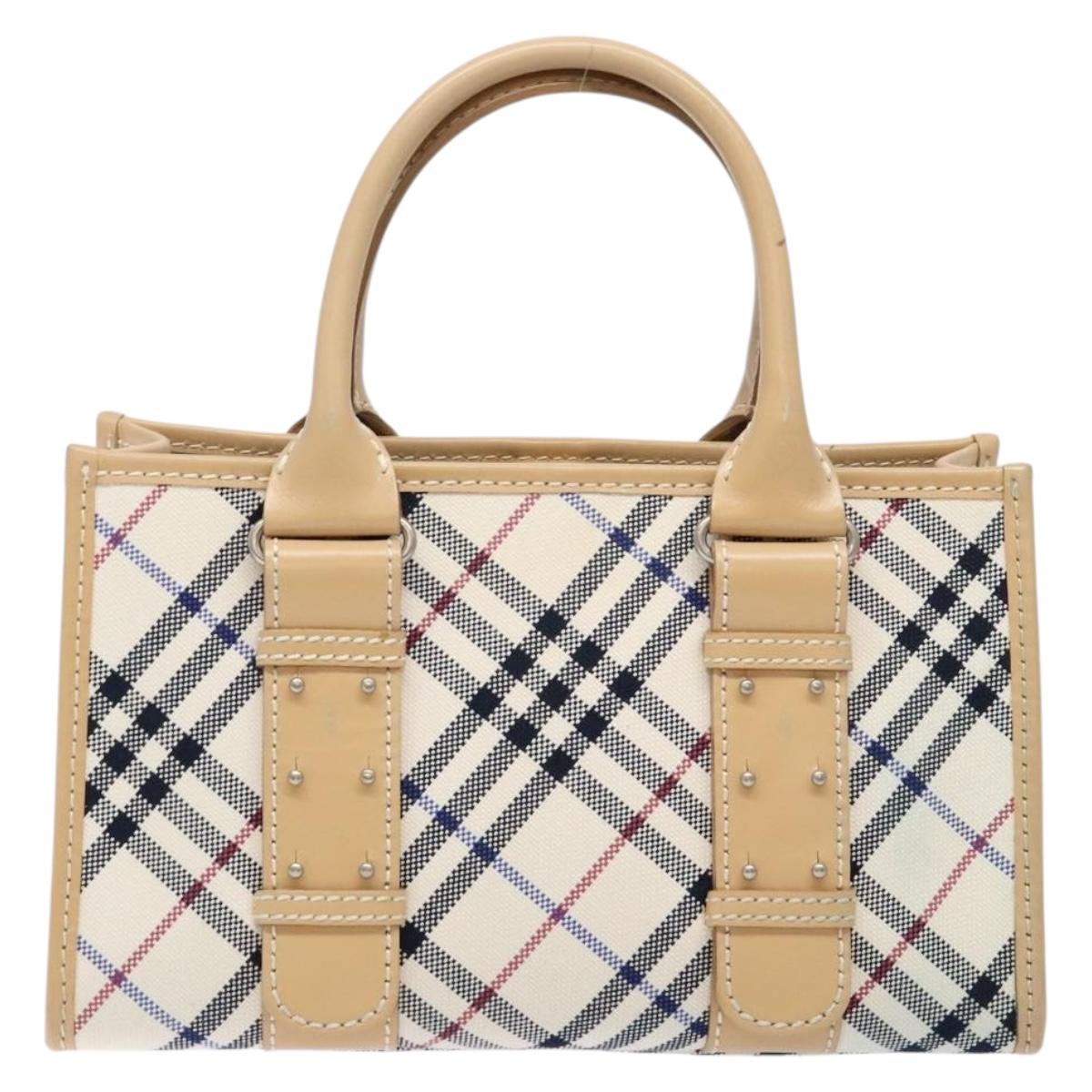 BURBERRY Nova Check Blue Label Hand Bag Canvas Beige Silver Auth BA5204
