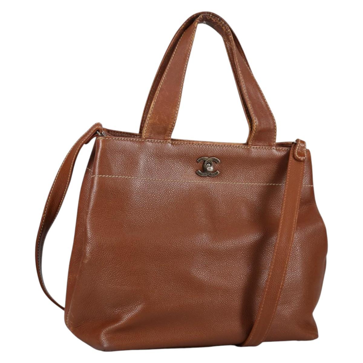 CHANEL Hand Bag Caviar Skin 2way Brown Silver CC Auth BA5221