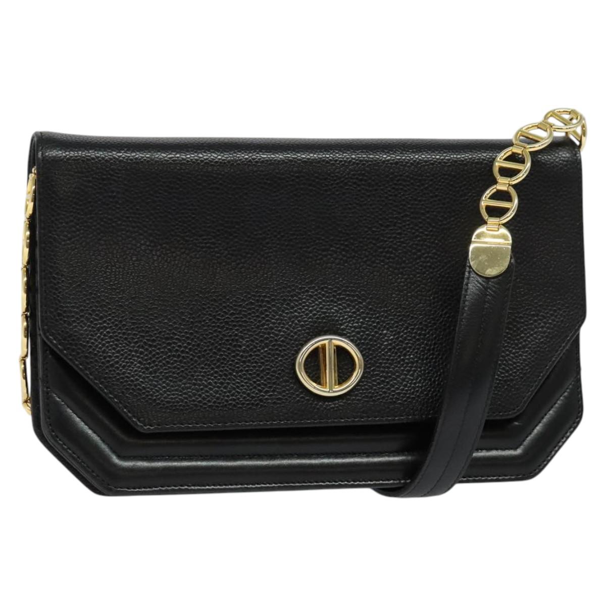 Christian Dior Chain Shoulder Bag Leather Black Gold Auth BA5226
