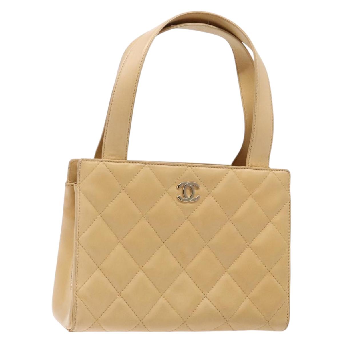 CHANEL Matelasse Hand Bag Lamb Skin Beige Gold CC Auth BA5238