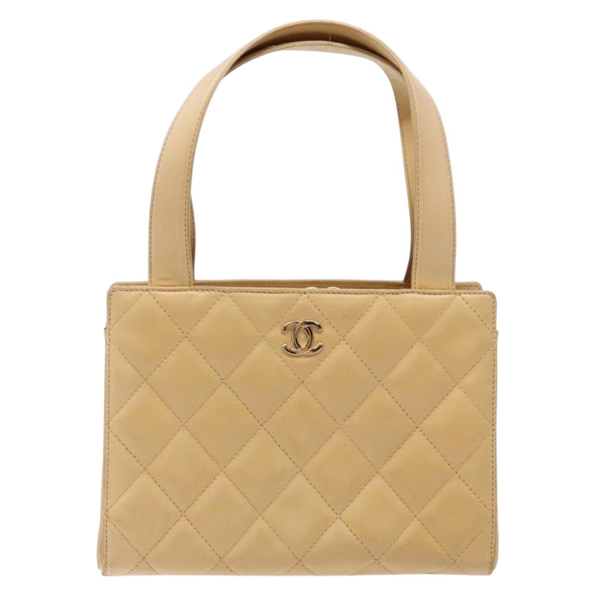 CHANEL Matelasse Hand Bag Lamb Skin Beige Gold CC Auth BA5238