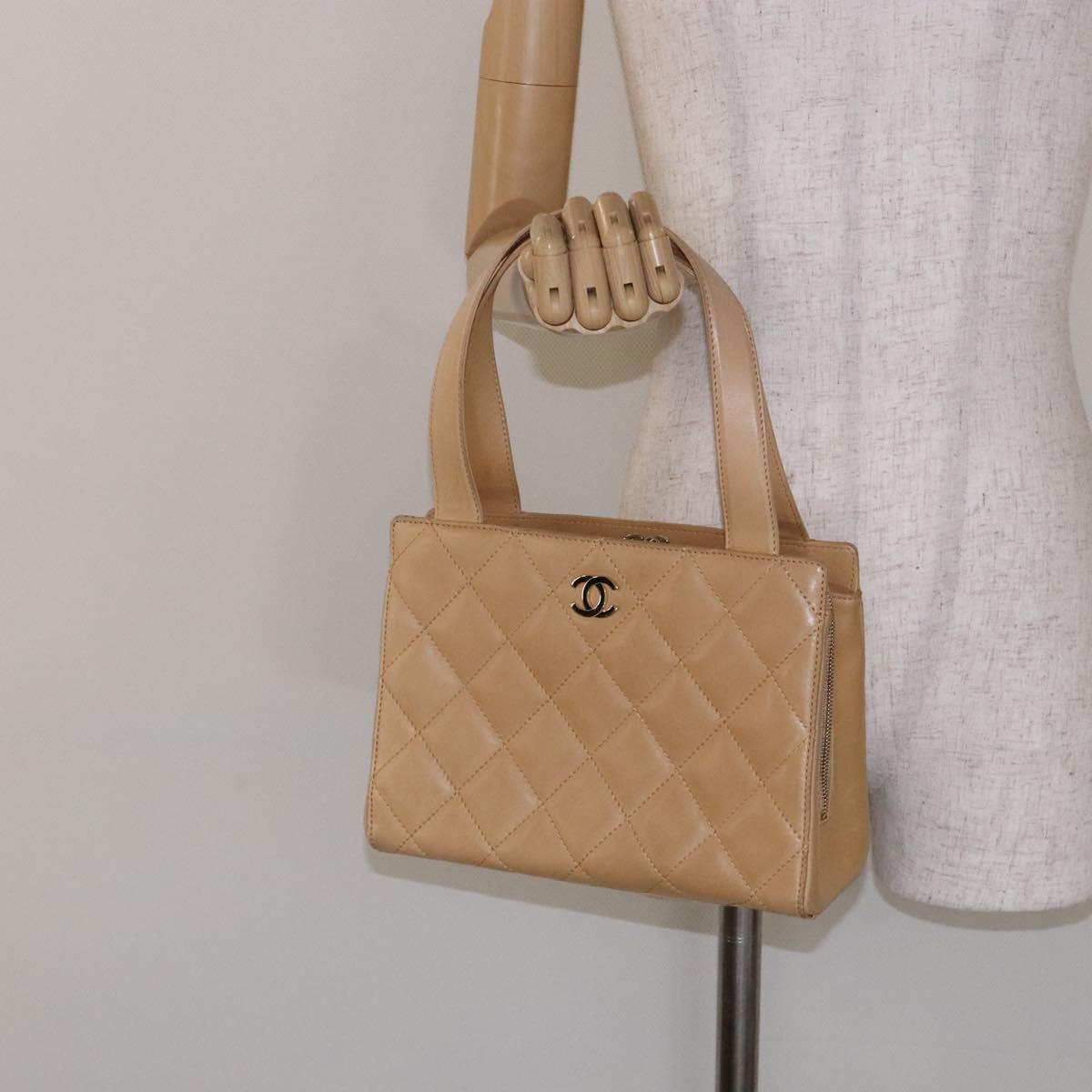 CHANEL Matelasse Hand Bag Lamb Skin Beige Gold CC Auth BA5238