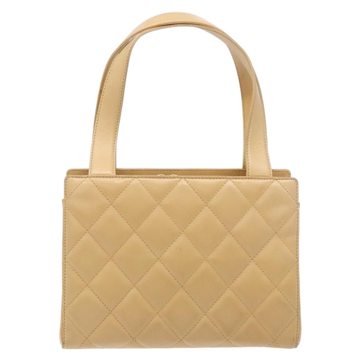 CHANEL Matelasse Hand Bag Lamb Skin Beige Gold CC Auth BA5238