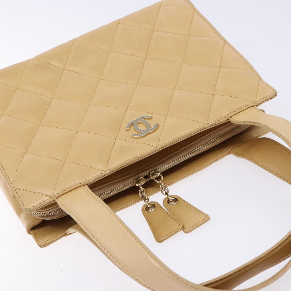 CHANEL Matelasse Hand Bag Lamb Skin Beige Gold CC Auth BA5238