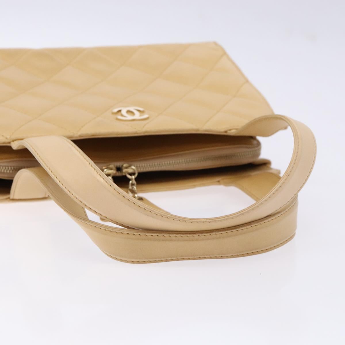 CHANEL Matelasse Hand Bag Lamb Skin Beige Gold CC Auth BA5238