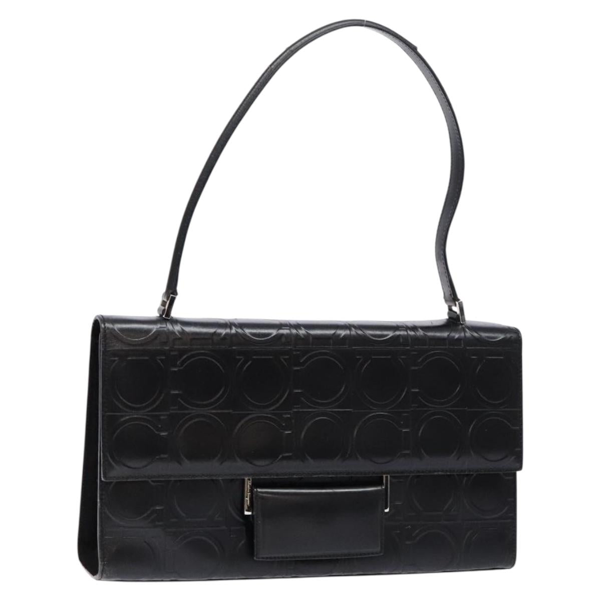 Salvatore Ferragamo Gancini Shoulder Bag Leather Black Silver Auth BA5258