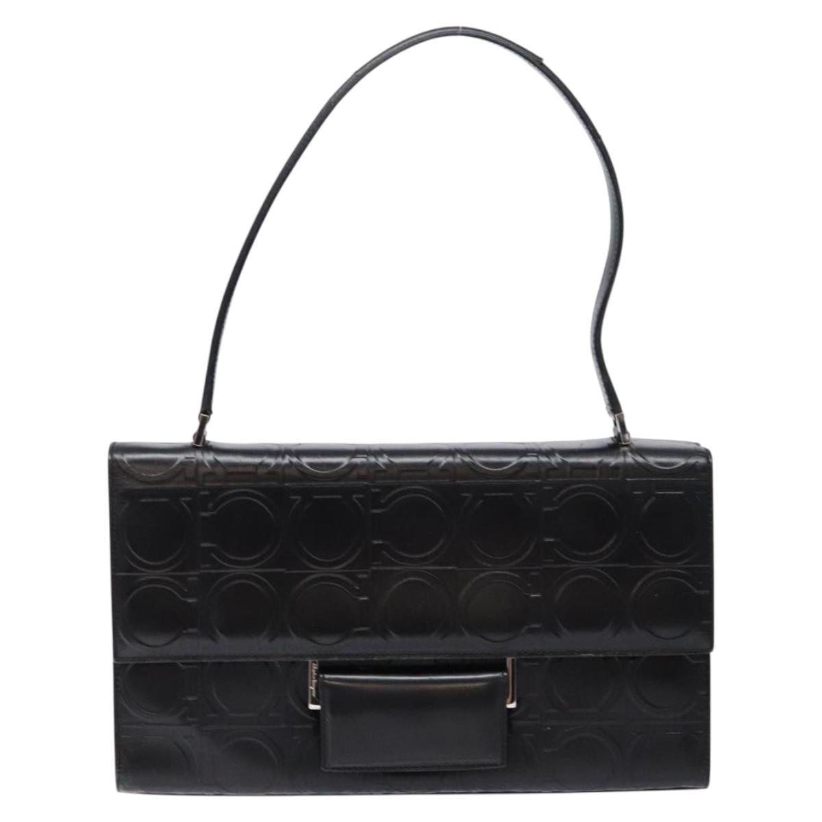 Salvatore Ferragamo Gancini Shoulder Bag Leather Black Silver Auth BA5258