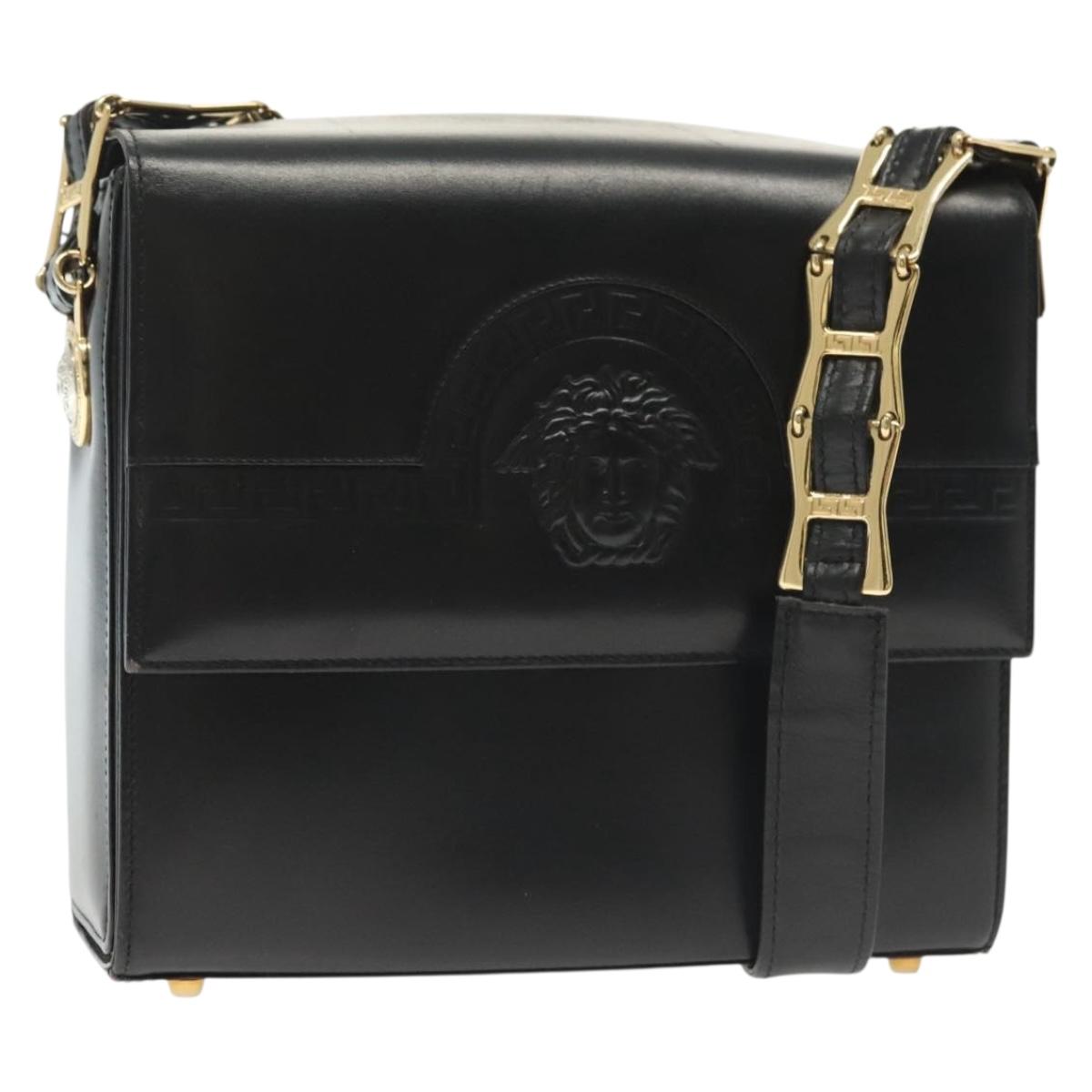 Gianni Versace Chain Shoulder Bag Leather Black Gold Auth BA5260