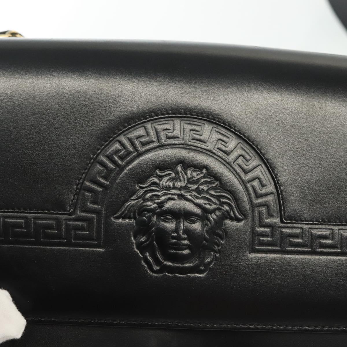 Gianni Versace Chain Shoulder Bag Leather Black Gold Auth BA5260