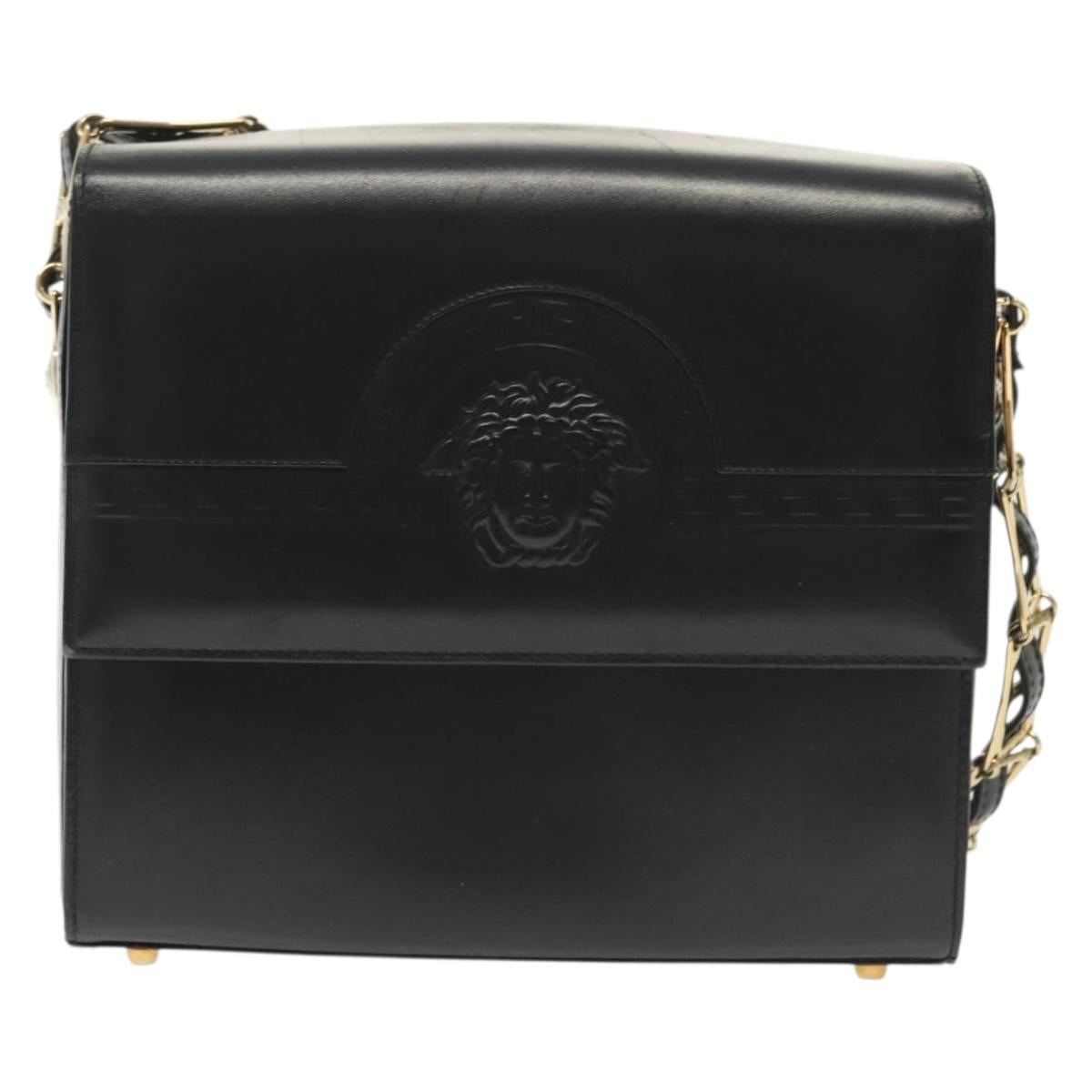 Gianni Versace Chain Shoulder Bag Leather Black Gold Auth BA5260