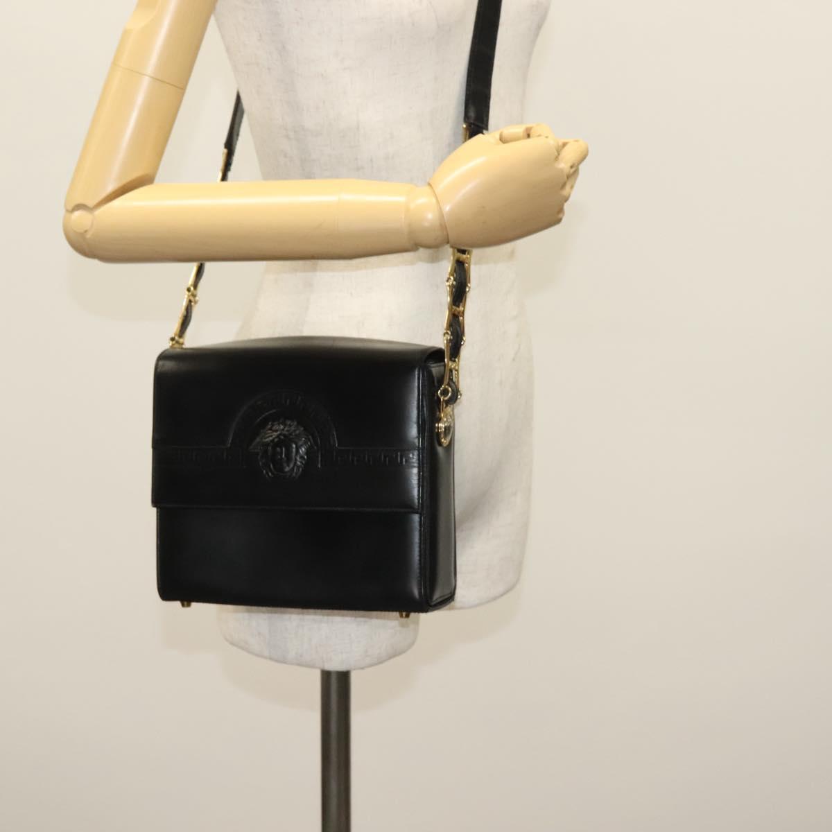 Gianni Versace Chain Shoulder Bag Leather Black Gold Auth BA5260