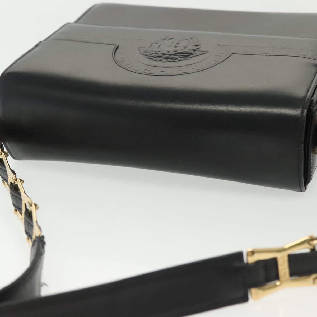Gianni Versace Chain Shoulder Bag Leather Black Gold Auth BA5260