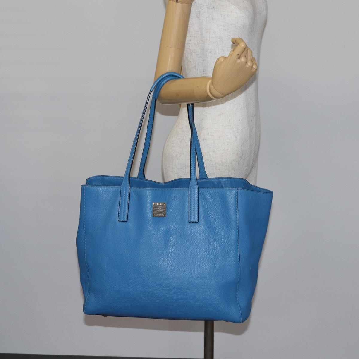 MCM Tote Bag Leather Blue Silver Auth BA5267