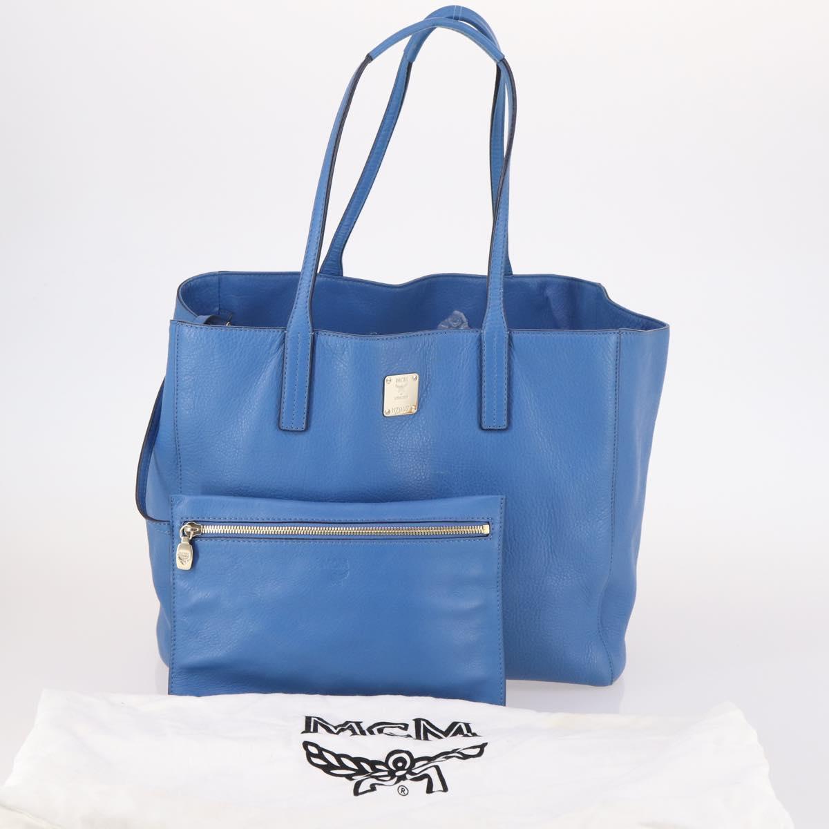 MCM Tote Bag Leather Blue Silver Auth BA5267