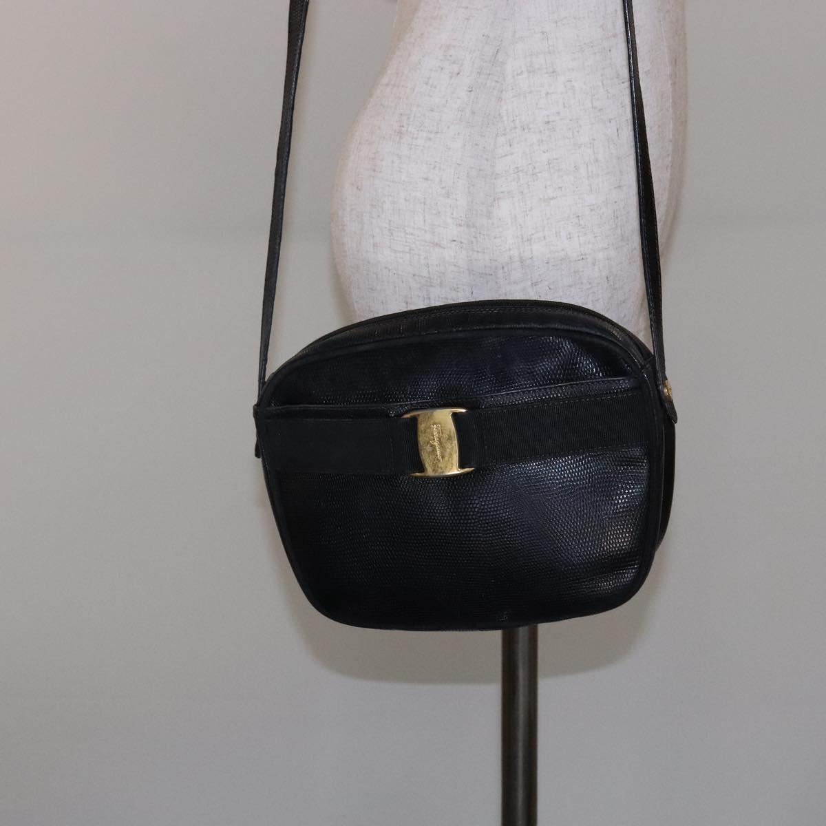 Salvatore Ferragamo Vala Shoulder Bag Leather Embossed Black Gold Auth BA5268