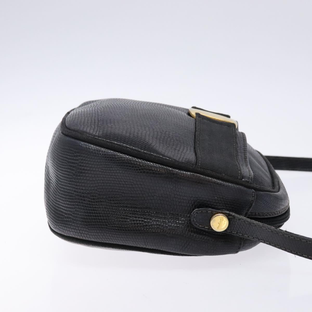 Salvatore Ferragamo Vala Shoulder Bag Leather Embossed Black Gold Auth BA5268