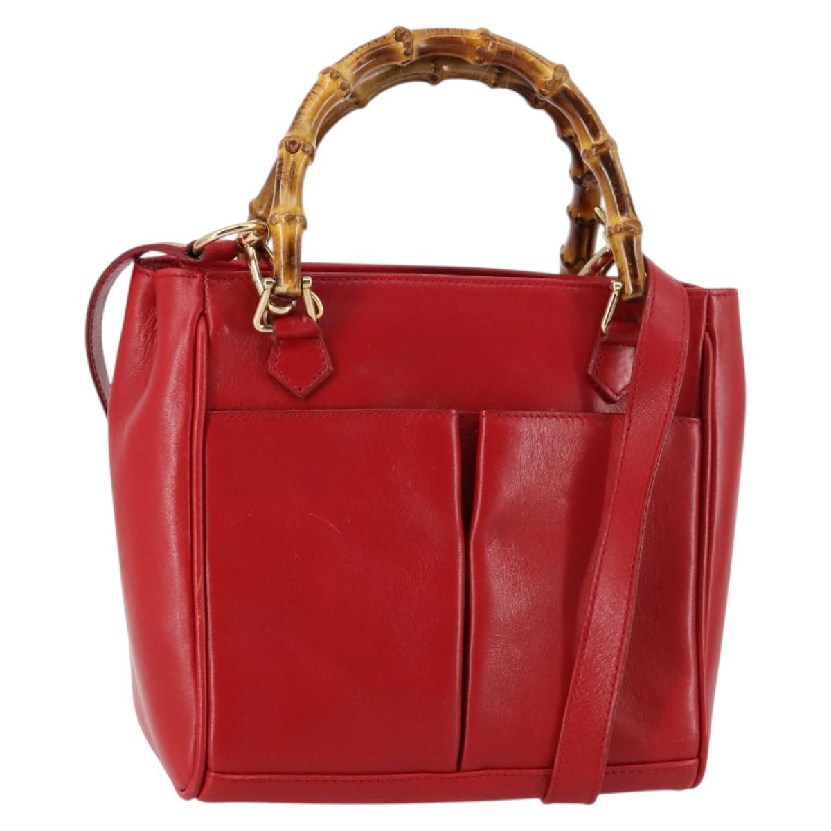 GUCCI Bamboo Hand Bag Leather 2way Red Gold Auth BA5277