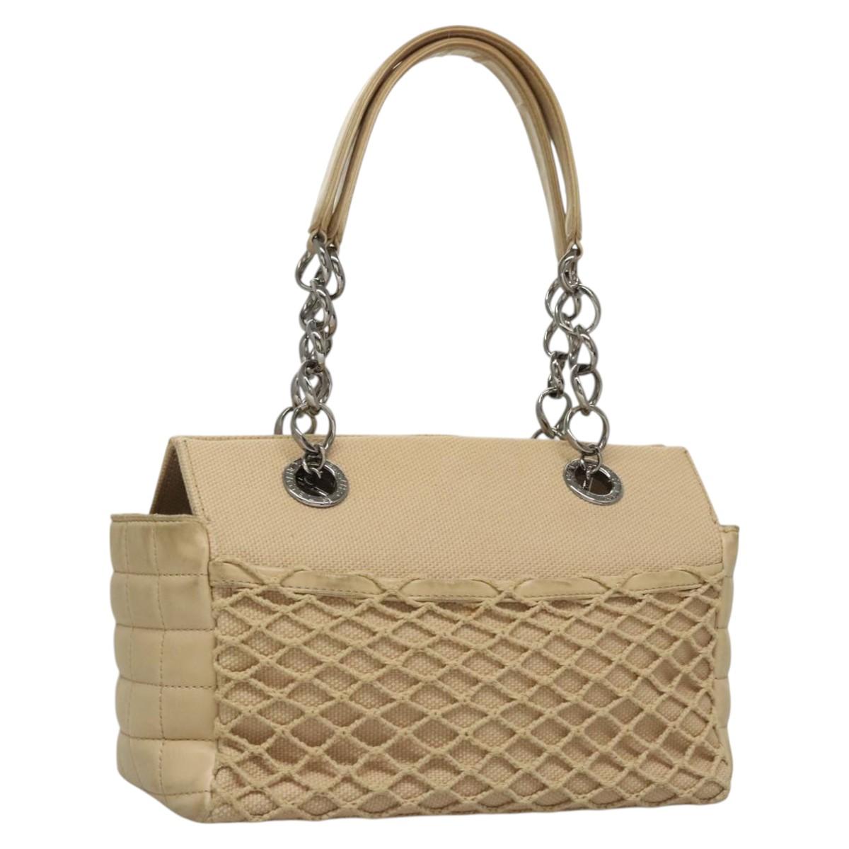CHANEL Choco Bar Tote Bag Canvas Beige CC Auth BA528