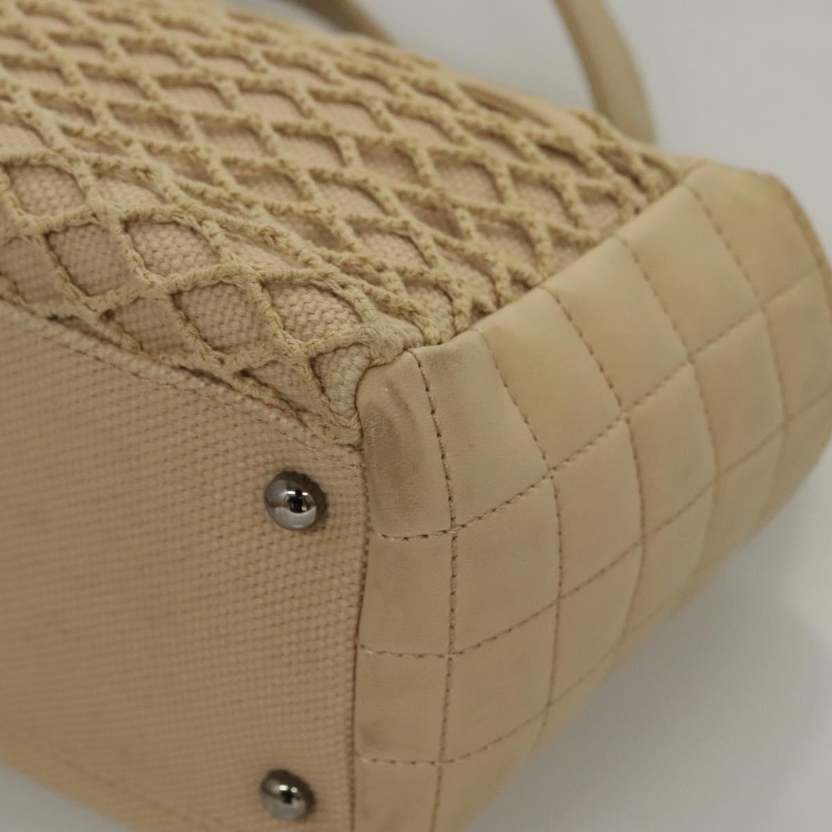 CHANEL Choco Bar Tote Bag Canvas Beige CC Auth BA528