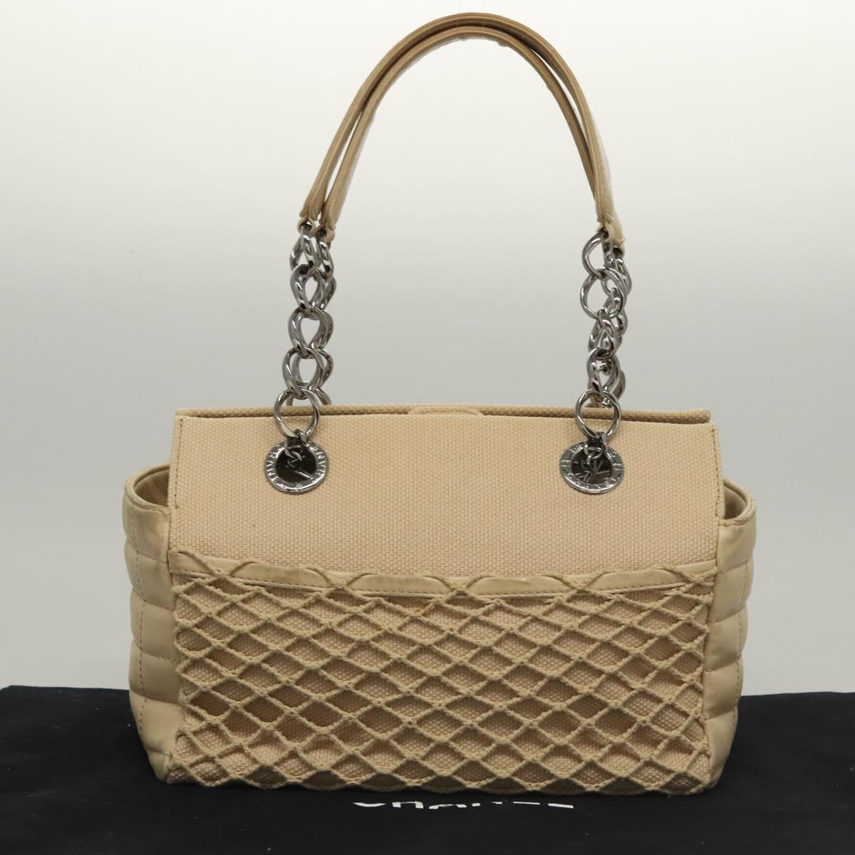 CHANEL Choco Bar Tote Bag Canvas Beige CC Auth BA528