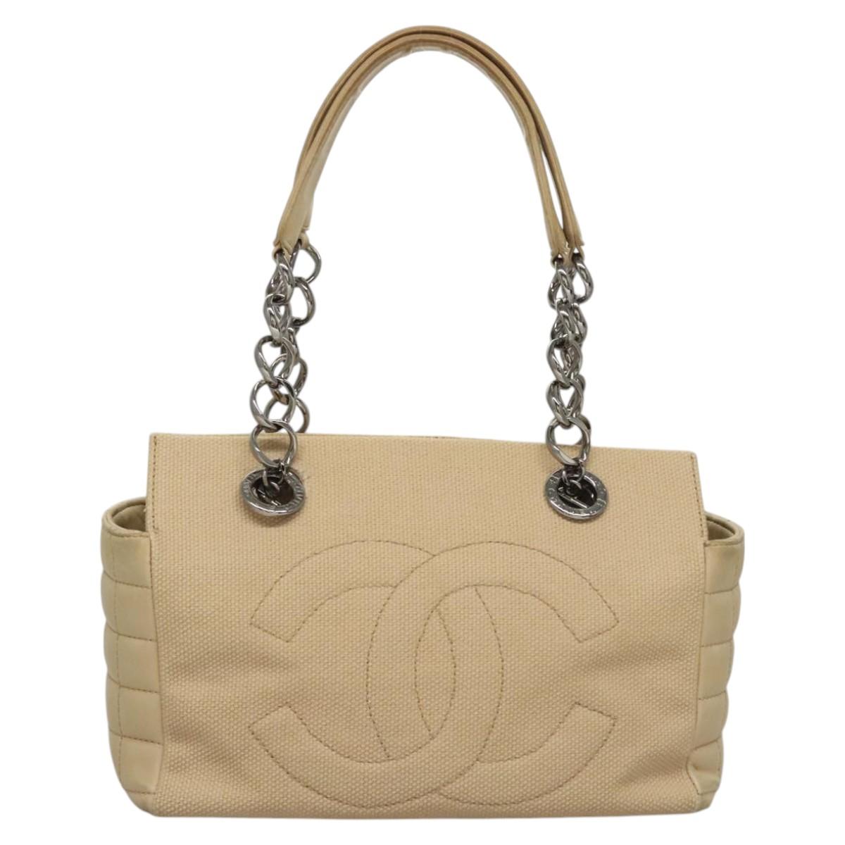 CHANEL Choco Bar Tote Bag Canvas Beige CC Auth BA528