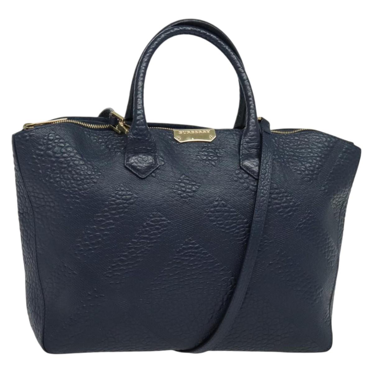 BURBERRY Hand Bag Leather 2way Navy Gold Auth BA5284