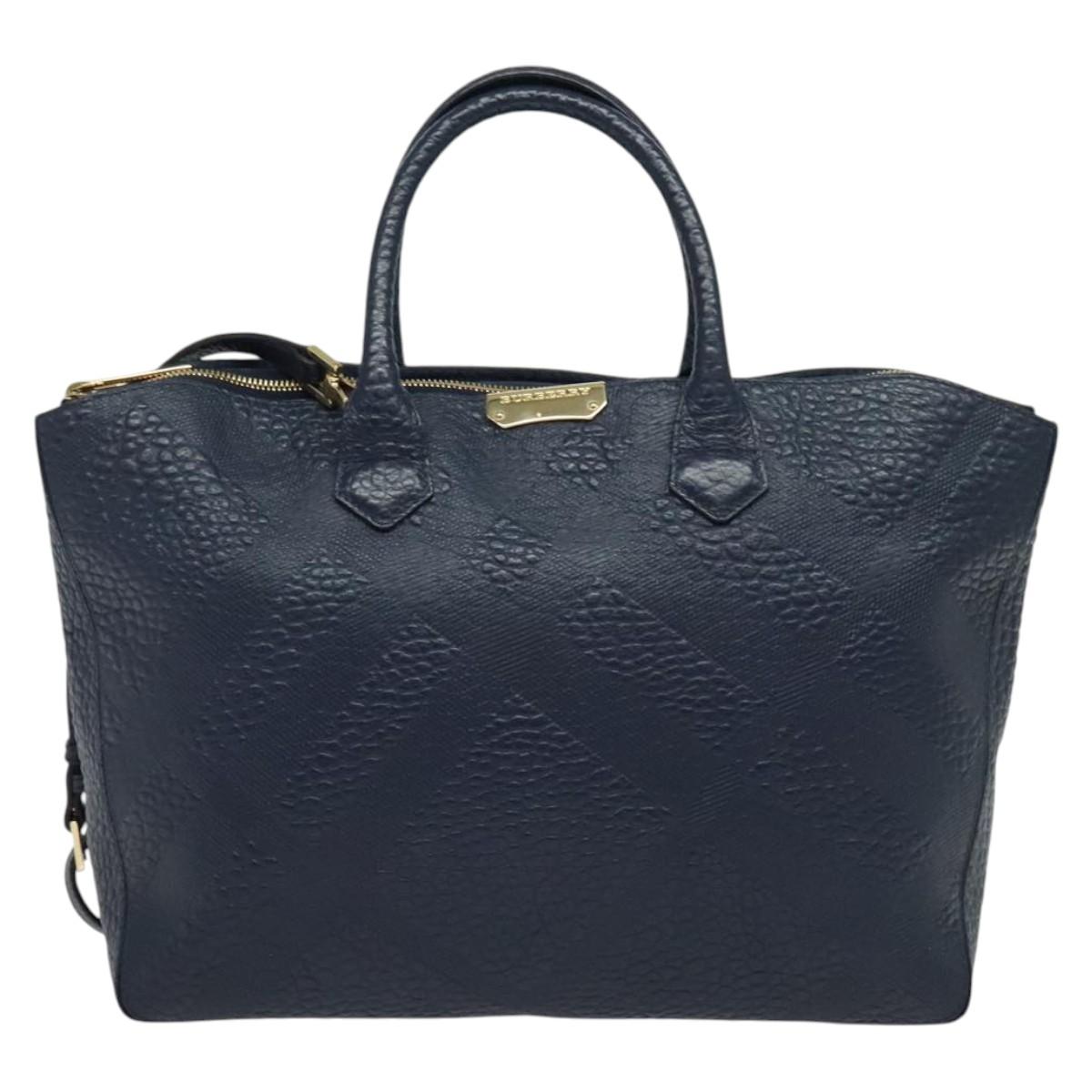 BURBERRY Hand Bag Leather 2way Navy Gold Auth BA5284