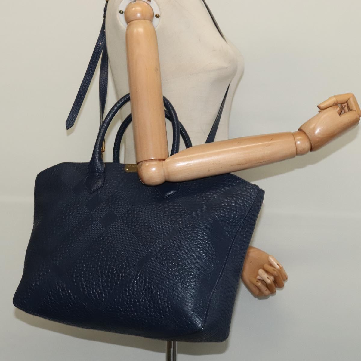 BURBERRY Hand Bag Leather 2way Navy Gold Auth BA5284