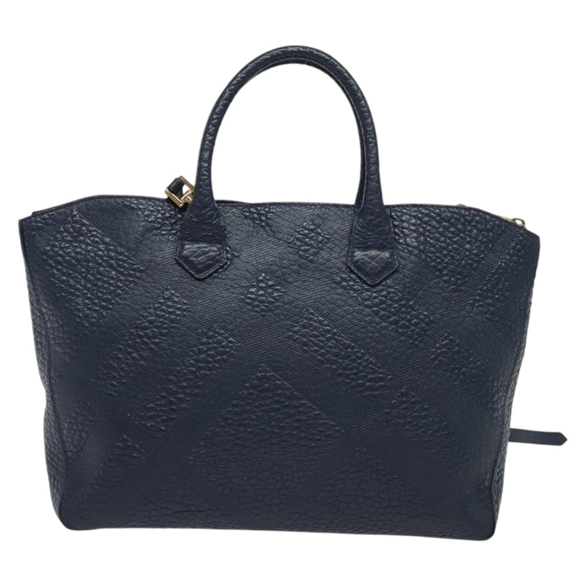 BURBERRY Hand Bag Leather 2way Navy Gold Auth BA5284