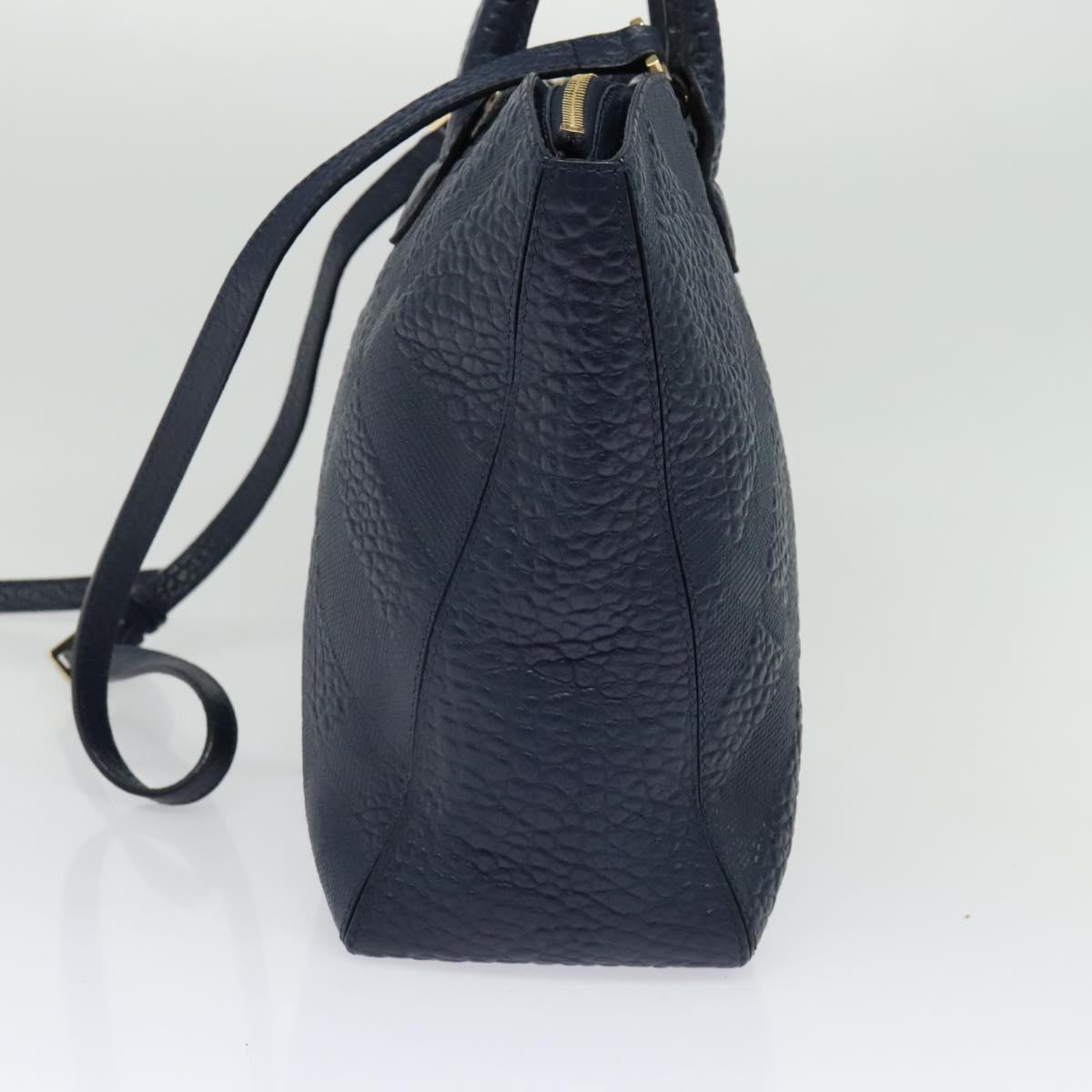 BURBERRY Hand Bag Leather 2way Navy Gold Auth BA5284