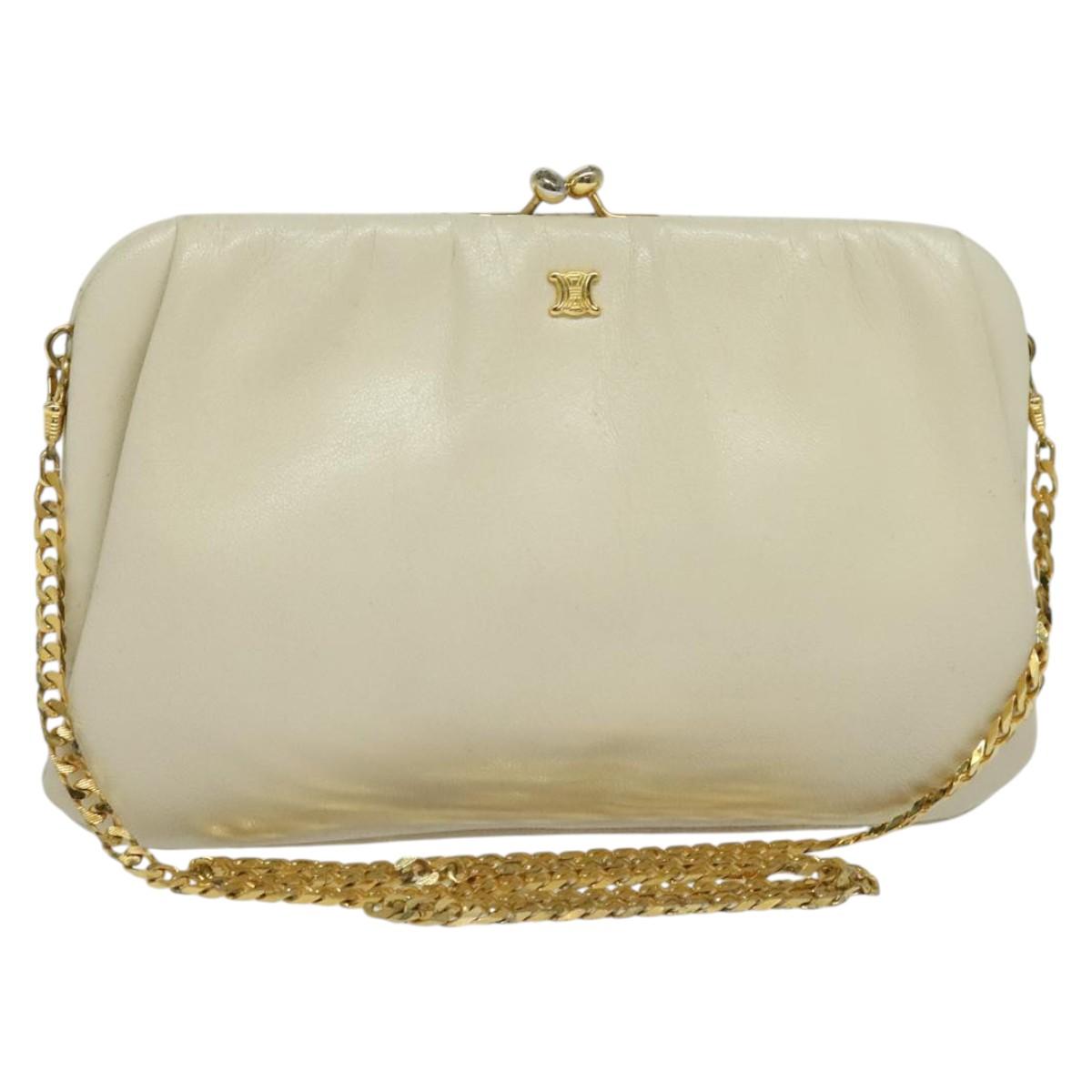 CELINE Chain Shoulder Bag Leather Vintage White Gold Auth BA5291