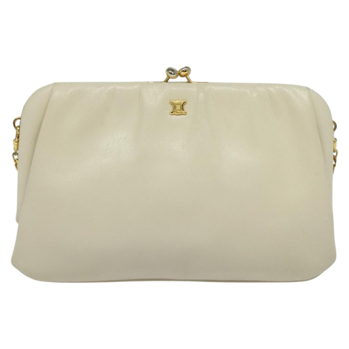 CELINE Chain Shoulder Bag Leather Vintage White Gold Auth BA5291